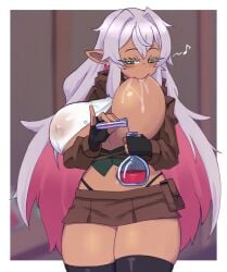 1girls veridyan elf pointy_ears alternate_hairstyle two-tone_hair pink_hair silver_hair brown_skin self_breast_sucking lactation lactation_through_clothes translucent nipples clothed_female clothes_lift docecaedrus veins large_breasts alchemist
