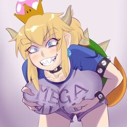 big_breasts bowsette breast_grab breasts fuck-me_shirt mario_(series) mega_milk meme meme_attire naughty_face new_super_mario_bros._u_deluxe nintendo rule_63 sir.pidge smile t-shirt