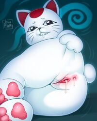 2024 anthro black_eyes black_nose blush bodily_fluids body_blush butt clitoris cum cum_in_ass cum_in_vagina cum_inside dandadan domestic_cat felid feline felis female genital_fluids genitals hi_res javafluffy leaking_cum looking_at_viewer lying mammal markings nude on_side pawpads paws pink_pawpads pink_tail presenting_cum_inside rear_view red_markings solo spread_butt spreading tail teeth turbo_granny_(dandadan) vulva vulva_blush whiskers white_body