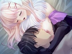 1boy 1girl amaane_makai_princess_eris_wa_eroicha_haramizuma! ayase_hazuki breast_sucking breasts closed_eyes demon_girl detached_sleeves fur-trimmed_collar fur_trim game_asset hair_ornament hairclip hairpin horns hug kiryuu_eris makai_princess multiple_hairclips nipples non-web_source parted_lips smile x_hair_ornament