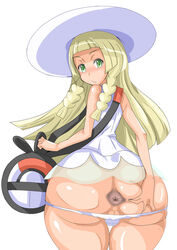 1girls anus ass ass_grab bag bare_shoulders blonde_hair braids clothed curvy dress eyelashes female flat_chest green_eyes hand_on_ass hat highres huge_ass lillie_(pokemon) long_hair looking_at_viewer looking_back narrow_waist nintendo panties partially_visible_vulva pokemon pokemon_sm shijima shiny simple_background smile solo standing thick_thighs thigh_gap thighs thin_waist underwear white_background white_panties wide_hips