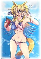 american_flag_bikini beach belly_button bikini blonde_hair blue_hair blush drink gold_jewelry horse_girl lfam long_hair multicolored_hair obey_your_master_(umamusume) peace_sign piercing self_upload sfw soda tagme umamusume umamusume:_cinderella_gray underboob wink
