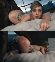 3d ass big_ass blonde_hair cum_in_pussy cum_inside dark-skinned_male dark_skin death_stranding doggy_style elle_fanning face_down_ass_up from_behind_position grabbing_sheets hair_bun hairbun huge_cock interracial leeterr light-skinned_female light_skin looking_at_viewer spank_marks tomorrow_(death_stranding)
