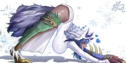 ass_up blue_hair cat_stretch clothed dark-skinned_female furidrawing hanging_breasts large_breasts limbus_company no_sex project_moon rufo_(limbus_company) side_view stretching watermark wolf_girl yoruichi_pose yoruichi_stretch