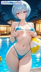 1girls 2026 ai_assisted ai_generated anime ayanami_rei ball beach beachball bikini blue_bikini boobs breasts bust evangelion hi_res high_quality high_resolution highres navel neon_genesis_evangelion night night_sky patreon patreon_username pool rei_ayanami rubber_duck short_hair sky skypassion solo stable_diffusion swimsuit tits wading water watermark