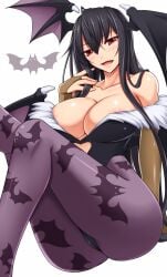 1girl akitsuki_karasu animal_print bare_shoulders bat_print bat_wings big_sister black_hair blush breasts bridal_gauntlets cleavage commentary_request cosplay darkstalkers head_wings highleg highleg_leotard highres huge_breasts kurochijo kurochijo_(akitsuki_karasu) large_breasts leotard long_hair looking_at_viewer morrigan_aensland morrigan_aensland_(cosplay) onee-chan open_mouth original pantyhose print_pantyhose purple_wings red_eyes shiny_skin silf solo wings
