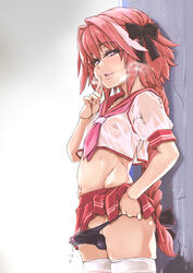 1boy astolfo_(fate) black_panties crossdressing fate/apocrypha fate/grand_order fate_(series) half-closed_eyes heart lifted_by_self looking_at_viewer midriff miniskirt naughty_face navel nipples ozawa_reido panties pink_hair pleated_skirt school_uniform see-through serafuku skindentation skirt skirt_lift solo thighhighs trap underwear