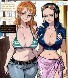 1female 1girl 1girls 2026 2girls absurdres aesthetic ai_generated anime anime_style arm_tattoo arms_at_sides artist_name bare_arms bare_shoulders beautiful beautiful_female beautiful_girl belt belt_buckle big_ass big_breasts bikini bikini_top_only bitch black_belt black_hair blue_eyes blue_jacket blue_pants blurred_background blush blush_lines blushing blushing_female breasts brown_eyes bubble_ass bubble_butt buckle cleavage closed_mouth collarbone collared_jacket comic comic_page comic_panel comic_strip cover_page cowboy_shot crop_top cropped_jacket curvy curvy_body curvy_female curvy_figure curvy_hips curvy_thighs cute cute_face denim dialogue digital_art digital_painting earrings english english_dialogue english_text eyewear_on_head female female_only floral_print forehead green_bikini grey_pants hair_slicked_back half-closed_eyes high_collar high_quality highres huge_breasts indoors jacket jeans jewelry large_ass large_breasts line_art lips long_comic long_hair looking_at_another looking_at_viewer midriff multiple_girls multiple_panels nami_(one_piece) navel nico_robin one_piece orange_eyes orange_hair pants partially_unzipped patreon patreon_link patreon_logo patreon_username pearl_earrings phanary print_sarong sarong seductive_smile sexy sexy_body sexy_female sexy_pose short_sleeves shoulder_tattoo side-by-side slut smile soft_shading solo_focus speech_bubble standing stomach sunglasses swimsuit tattoo text text_box text_bubble text_focus thick watermark web_address window zipper zipper_pull_tab