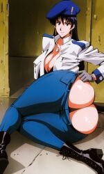 ai_generated ass ass_focus beret big_ass biker_clothes biker_girl black_boots black_hair blue_beret combat_boots dog_tags dogtags earrings exposed_ass gloves grey_eyes grey_gloves jacket jeans jeans_down long_hair meryl_stryfe pale_skin pulling_down_pants sitting thick_ass thick_thighs trigun trigun_stampede white_jacket