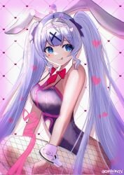 rabbit_hole_(vocaloid) hatsune_miku white_ears rabbit_ears rabbit_girl bunny_ears bunnysuit bunny_girl blue_eyes smile smiling tongue tongue_out heart bowtie tie handcuffs ribbon legwear fishnet_legwear