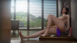 valorant viper_(valorant) solo solo_female female naked naked_female 1female black_hair masturbation double_penetration double_dildo dildo phone house beach day 3d 3d_model digital_media zzmuffins
