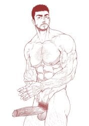 1boy abs bara beard chest_hair collarbone commentary connected_beard erection facial_hair futari_solo_camp gen_kinokura highres large_pectorals large_penis leg_hair looking_at_viewer louwin male male_focus male_only male_pubic_hair muscular muscular_arms muscular_male nipples nude own_hands_together pectorals penis pubic_hair scar scar_on_face short_hair solo testicles variant_set veins veiny_arms veiny_penis