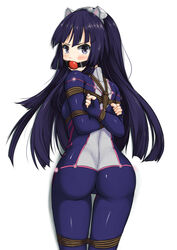 arms_behind_back ass ball_gag blue_eyes blush bodysuit bondage bound bound_arms bound_legs bound_wrists cat_ears dark_blue_hair femsub gag gagged guilty_crown looking_at_viewer looking_back red_ball_gag rope solo tied_up tsugumi_(guilty_crown)