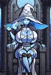 1girl ai_generated ass_focus bimbo blue_robe blue_skin bubble_butt elden_ring enormous_breasts female female_only four_arms from_behind glossy_skin glowing_blue_eyes gothic_church_interior heavy_makeup huge_witch_hat long_blue_hair looking_back magical_particles massive_ass massive_breasts oiled_skin plump_lips ranni_the_witch revealing_clothes seductive_smile shiny_skin sitting_on_throne solo spizcyai thick_thighs torn_clothes wide_hips