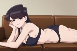 ai_generated blush bra couch hand_on_cheek komi-san_wa_komyushou_desu komi_shouko laying_on_couch laying_on_stomach panties pinku.ai smirk underwear