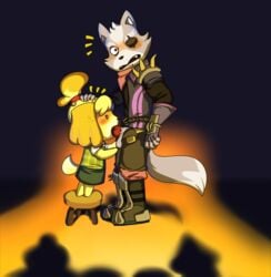 2018 animal_crossing anthro caught hand_on_head isabelle_(animal_crossing) keno9988 nintendo oral size_difference star_fox super_smash_bros. wolf wolf_o'donnell