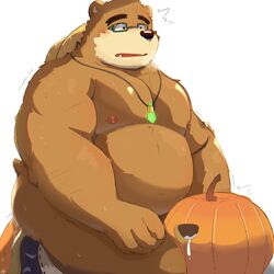 1boy anthro ass bear belly bhtoss blush cum eyewear food fruit fucking_pumpkin glasses hat huff improvised_sex_toy jewelry male male_only mammal necklace nipples nude overweight pecs pumpkin slightly_chubby solo straw_hat tokyo_afterschool_summoners volos