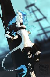 2018 anthro blue_eyes blue_hair blurred_background bound breasts chained clitoris clothing detailed_background equine female hair horn mammal nipples pussy ship smooshkin solo torn_clothing unicorn vehicle