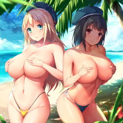 2girls atago_(kantai_collection) bangs beach beret bikini bikini_bottom black_hair blonde_hair blue blush breasts cleavage covering covering_breasts eyebrows_visible_through_hair eyes green_eyes hair_between_eyes hat highleg huge_breasts kantai_collection kongeraatio leaning long_hair looking_at_viewer multiple_girls navel ocean outdoors red_eyes sand shade short_hair side-tie_bikini sidelocks skindentation smile sparkle takao_(kantai_collection) topless water wet