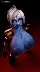 3d 3d_(artwork) big_areola big_breasts big_nipples blender blender_cycles blue_body blue_skin freckles freckles_on_breasts freckles_on_face glasses huge_breasts shoulder_pads tagme tau the_godseeker tongue tongue_out warhammer_40k white_hair