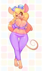 2017 4_toes anthro areola barefoot big_breasts breasts chip_'n_dale_rescue_rangers cleavage clothed clothing disney erect_nipples feet female gadget_hackwrench hi_res mammal mouse murid murine nipples nitro rodent smile solo tail toes