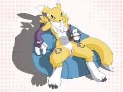 absurd_res anthro anus bandai_namco bodily_fluids breasts digimon digimon_(species) digivice female fur genital_fluids hi_res looking_at_viewer remamon renamon solo tail vaginal_fluids yellow_body yellow_fur