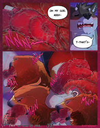 abstract_background addison_(frisky_ferals) animal_genitalia animal_penis anthro anthro_on_feral avian balls beak beakjob bird blush brown_eyes brown_feathers canine canine_penis closed_eyes collage comic conditional_dnp deep_throat deepthroat devon_(frisky_ferals) duo eagle english_text erection fangs feathers fellatio female feral frisky_ferals fur golden_eagle grey_fur head_tuft internal knot male mammal no_harm_no_fowl open_mouth oral orange_eyes orange_sclera penis precum saliva scar sefeiren sex shaking shivering size_difference sound_effects speech_bubble text tongue wolf zoophilia