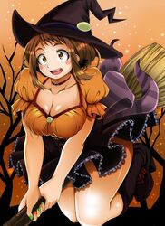 adahcm big_breasts broom brown_eyes brown_hair cleavage female female_only halloween huge_breasts miniskirt my_hero_academia nail_polish ochako_uraraka skirt smile solo_focus witch witch_hat