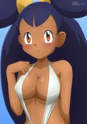 1girls alternate_breast_size alternate_costume big_breasts breasts brown_eyes brown_skin cleavage dark-skinned_female dark_skin female female_only human iris_(pokemon) iris_(pokemon_bw) looking_at_viewer nintendo pokemon pokemon_bw pokemon_bw2 purple_hair sling_bikini smile solo swimsuit text watermark zel-sama