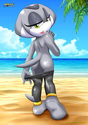 1girls anthro ass beach female green_eyes grey_skin mobius_unleashed ocean palcomix pearly_the_manta_ray sand sega sonic_(series) sonic_the_hedgehog_(series) tongue_out