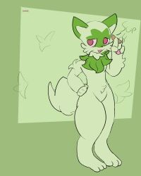 2022 anthro anthrofied castinly cat_ears female female_only fluffy_tail fur furry furry_only game_freak green_fur marijuana nintendo no_humans open_mouth paws pokémon_(species) pokemon pokemon_sv red_eyes simple_background smoking sprigatito standing tail thighs