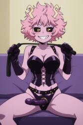 2d ai_generated artist_request boku_no_hero_academia dominant_female dominant_male female female_only mina_ashido my_hero_academia pink_skin presenting_strap-on seductive_smile strap-on tagme whip