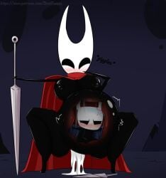 ambiguous_gender anthro arthropod bestponies big_breasts black_body blush bodily_fluids breasts clothed clothing digital_media_(artwork) digital_painting_(artwork) duo english_text excessive_genital_fluids female genital_fluids giggling hollow_knight hornet_(hollow_knight) humanoid insects nipples nude painting_(artwork) partially_clothed safe_vore simple_background team_cherry text the_knight_(hollow_knight) unbirthing vaginal_fluids vaginal_penetration vore x-ray_view
