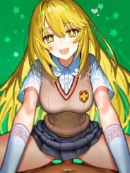 1boy :d ai_generated black_skirt blonde_hair blush breasts brown_sweater_vest clothed_female_nude_male clothed_sex collared_shirt cowgirl_position dress_shirt elbow_gloves emblem female fluffyhairenjoyer gloves green_background grey_skirt hair_between_eyes heart large_breasts long_hair looking_at_viewer navel nude open_mouth penis pleated_skirt pov school_emblem school_uniform sex shirt shokuhou_misaki short_sleeves simple_background skirt smile solo_focus sparkling_eyes spider_web_print spread_legs star-shaped_pupils star_(symbol) straddling straight summer_uniform sweater_vest symbol-shaped_pupils toaru_kagaku_no_railgun toaru_majutsu_no_index tokiwadai_school_uniform v-neck vaginal_penetration very_long_hair vest white_gloves white_shirt yellow_eyes