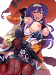 1girls arm_behind_back armpits blush boris_(noborhys) breasts breasts_out cum cumshot female fire_emblem fire_emblem:_path_of_radiance fire_emblem:_radiant_dawn fire_emblem_heroes green_eyes halloween kiran_(fire_emblem) kiran_(fire_emblem)_(male) mia_(fire_emblem) mia_(halloween)_(fire_emblem) mouth_open nintendo nipples official_alternate_costume sitting_on_lap straight thighjob violet_hair wink witch