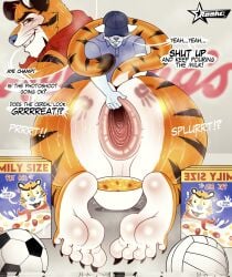 2boys anthro anthro_only anus anus_focus ass blush cereal english_dialogue english_text facial_hair feet felid frosted_flakes gaping gaping_anus gay hat kellogg's male male_anthro male_focus male_only mammal mascot pantherine resko_gothzebra slap_mark smile soccer_ball soles spread_anus tail text tony_the_tiger volleyball