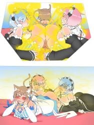 1boy 2girls big_ass blue_hair blush blushinf brown_hair cat_boy cat_ears cat_tail disgusted dress fart fart_cloud fart_fetish farting felix_argyle femboy lazei pink_hair ram_(re:zero) re:zero_kara_hajimeru_isekai_seikatsu rem_(re:zero) tail