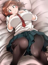 adahcm big_breasts brown_eyes brown_hair female female_only huge_breasts miniskirt my_hero_academia ochako_uraraka skirt smile solo_focus tights