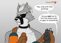 2018 2boys anthro bared_teeth bondage bound brown_fur canine clothed clothing collar cowardlion cum cum_on_face dialogue dominant_pov domination duo erection eye_patch eyewear first_person_view flat_colors fur furry growling guardians_of_the_galaxy humanoid_penis larger_male male male_only male_pov maledom mammal marvel muscular muzzle_(object) muzzled nintendo on_top penis pov procyonid raccoon rocket_raccoon sex shock_collar simple_background size_difference small_dom_big_sub smaller_male snarling speech_bubble star_fox teeth text video_games wolf wolf_o'donnell yaoi