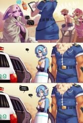 alex_(gammainks) arcanine arrested audino blue_hair comic dialogue eeveelution espeon gammainks gardevoir hi_res mandy_(gammainks) nintendo pokemon pokemon_(species) police police_car sad screaming_in_pain shiny_gardevoir shiny_pokemon vanessa_(gammainks)