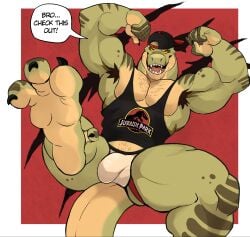 anthro armpit armpit_hair armpits balls bara barazoku bulge darknaigart dinosaur flaccid jace_(darknaig) male male_only muscles muscular penis scalie solo solo_male speech_bubble tyrannosaurus_rex