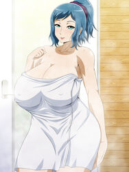 1girls blue_eyes blue_hair breasts female female_only green_eyes gundam gundam_build_fighters huge_breasts human iori_rinko milf naked_towel solo towel vermilion wide_hips