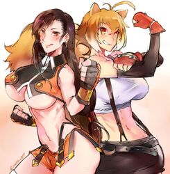 :d animal_ears black_hair blazblue brown_eyes brown_hair final_fantasy final_fantasy_vii fingerless_gloves hair_ornament huge_breasts lonerurouni187 long_hair makoto_nanaya makoto_nanaya_(cosplay) midriff muscular_female short_hair short_skirt skirt squirrel_ears suspenders tifa_lockhart tifa_lockhart_(cosplay) tight_clothing underboob