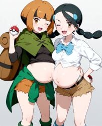 2girls black_hair candice_(pokemon) female gardenia_(pokemon) gym_leader multiple_pregnancies orange_hair pokemon pregnant