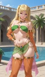 1girls afternoon ai_generated armlet blonde_hair circlet dancer_outfit detached_leggings detached_sleeves earrings hair_rings harem_jewelry harem_outfit long_hair medium_breasts narrow_waist necklace one_hand_on_hip palace palm_tree poolside rgomez007 sheer_clothing skindentation stable_diffusion sunny thighlet transparent_clothing twintails underboob