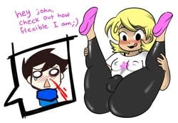 1boy 1futa ;) ass black_hair black_lipstick blonde_hair blowjob blush bulge butt cameltail clothing crablouse dialogue female futanari god_tier_outfit homestuck intersex john_egbert licking_lips missionary ms_paint_adventures nipple_bulge nosebleed roxy_lalonde short_hair text thighs tights tongue_out white_hair white_skin