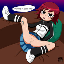 1girls artist_request ass black_eyes blush bottomless bottomless_skirt breasts clothing dialogue exposed exposed_pussy eyebrows female female_focus female_only freckles going_commando imminent_sex jacket kim_pine leg_lift leg_up legs looking_at_viewer mostly_clothed nail_polish no_panties open_mouth painted_nails pillow pussy red_hair revealing_pussy scott_pilgrim shoes sitting skirt skirt_lift small_breasts speech_bubble vagina