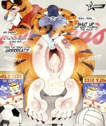 2boys anthro anthro_only anus anus_focus ass blush cereal cum cum_dripping_from_ass english_dialogue english_text facial_hair feet felid frosted_flakes gaping gaping_anus gay hat kellogg's male male_anthro male_focus male_only mammal mascot pantherine resko_gothzebra slap_mark smile soccer_ball soles spread_anus tail text tony_the_tiger volleyball