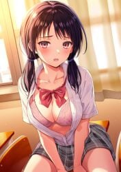 1girls black_hair blush bow bra breasts classroom cleavage collared_shirt curtains desk highres indoors kanden_sky large_breasts long_hair looking_at_viewer low_twintails on_table open_clothes open_mouth open_shirt original pink_bra plaid_clothes plaid_skirt red_bow school_desk school_uniform shirt sitting skirt solo sweat table twintails underwear v_arms white_shirt