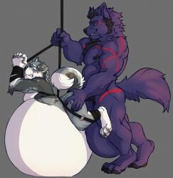 2018 anal anal_sex anthro arm_tuft ass belly big_belly black_nipples black_nose blue_eyes blush bodily_fluids bondage bound butt_grab canid canine canis chest_tuft countershading cum cum_in_ass cum_inside curling_tail dipstick_tail domestic_dog duo ear_markings elbow_tuft floppy_ears from_behind_position genital_fluids grey_body hand_on_butt hi_res holding_object holding_rope huge_belly hyper hyper_belly inflation jaren_(darktalbain64) logie_(character) looking_at_another looking_at_partner looking_down_at_self looking_worried male male/male mammal markings mythological_canine mythological_creature mythology narrowed_eyebrows nipples penetration penile penile_penetration penis_in_ass purple_body red_markings rope sex side_view tail tail_markings the-narutoshi tiptoes tuft werecanid werecanine werecreature werewolf white_body white_countershading wolf yellow_eyes